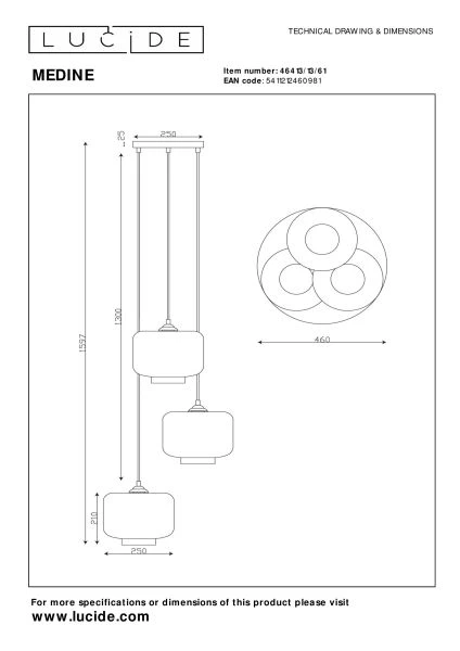 Lucide MEDINE - Suspension - Ø 46 cm - 3xE27 - Opalin - TECHNISCH